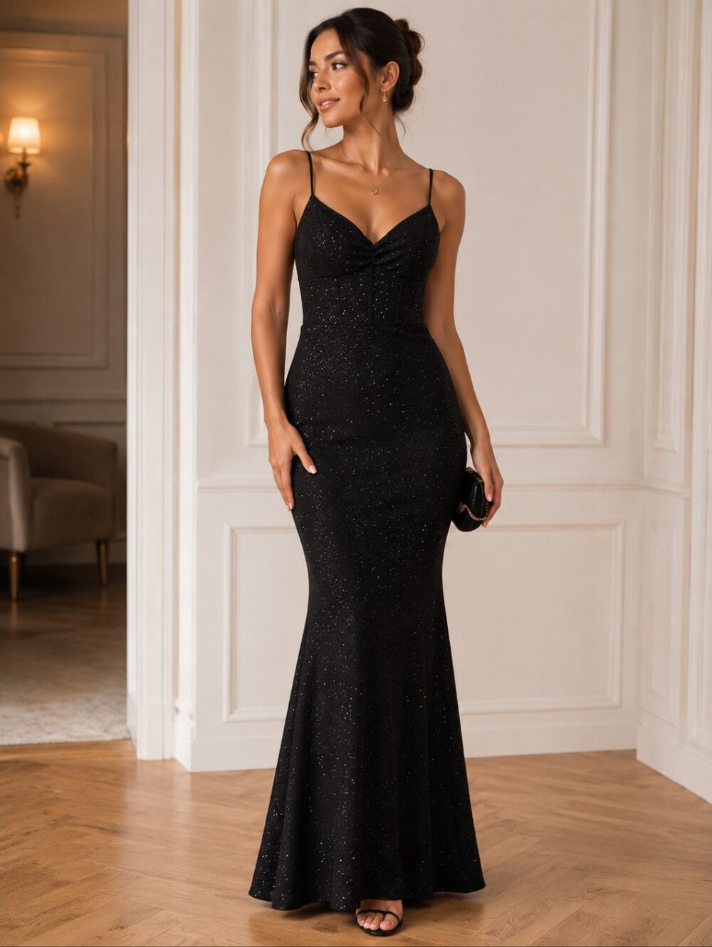 Stunning NWOT Black Sparkle Spaghetti-Strap Maxi Mermaid Dress